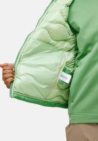 Hellgrüne Steppjacke mit gepolstertem Innenfutter, ausgestattet mit einer Sta pocket, glatter Textur und Reißverschluss.
