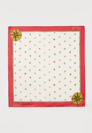Foulard carré avec bordure rouge, petit motif floral multicolore sur fond blanc et deux dessins de compas jaunes dans des coins opposés.