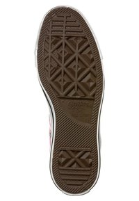 Suola di scarpa in gomma marrone con motivo a diamante, bordo in gomma bianca e logo "Converse All Star" impresso.
