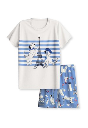 Ensemble de pyjama pour enfants avec un haut blanc orné de rayures bleues, de la Tour Eiffel et de deux chiens espiègles ; short bleu avec des motifs de chiens et de thèmes parisiens.