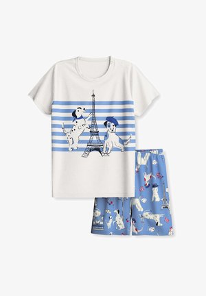 Ensemble de pyjama pour enfants avec un haut blanc orné de rayures bleues, de la Tour Eiffel et de deux chiens espiègles ; short bleu avec des motifs de chiens et de thèmes parisiens.