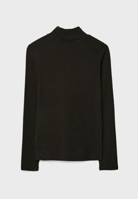 Chemise noire à manches longues et col roulé posée à plat, présentée de dos sur un fond gris clair uni.