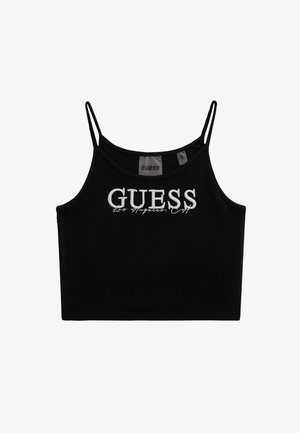 Crop top nero a costine con spalline sottili, con logo ricamato bianco "GUESS" e dettaglio "Los Angeles, CA" sul davanti.