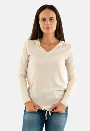 Maglione beige con cappuccio e maniche lunghe, con scollatura a V e coulisse all'orlo. Tessuto morbido, vestibilità comoda, adatto per un look casual.