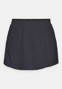 Black athletic skort with an elastic waistband, soft fabric, and a slightly flared hem. Features side pockets and minimal stitching details.