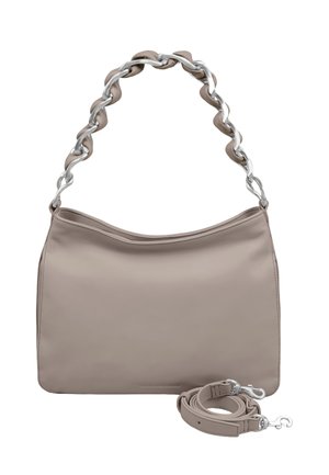 Beige leather handbag with a smooth texture, featuring a silver chain handle and a detachable leather strap. Minimalist design, no visible patterns.