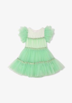 Jasnozielona sukienka z tiulu z bufkami w krótkich rękawach oraz błyszczącą, srebrną cekinową lamówką na gorsecie, w talii i na warstwowych plisach spódnicy.