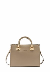 Sac à main en cuir gris clair avec une anse tressée, des accents en matériel doré, une fermeture éclair et une bandoulière amovible.