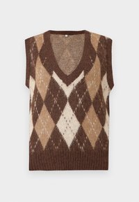 Brun og cremet argyle-mønstret strikvest med dyb V-udskæring, korte ærmer og en struktureret overflade. Blødt, fuzzy materiale.