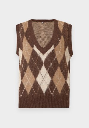 Brun og cremet argyle-mønstret strikvest med dyb V-udskæring, korte ærmer og en struktureret overflade. Blødt, fuzzy materiale.
