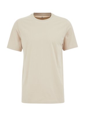 Beige katoenen T-shirt met een ronde hals, korte mouwen en een gladde textuur. Basisontwerp zonder patronen of versieringen.
