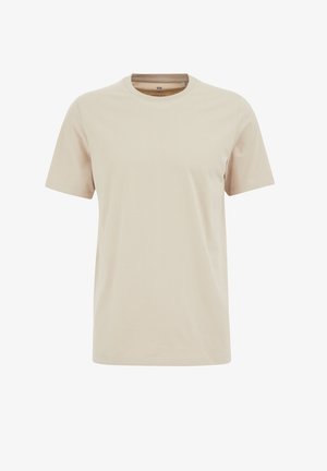 Beigā kokvilnas T-krekls ar apaļu kakla izgriezumu, īsām piedurknēm un gludu tekstūru. Pamata dizains bez rakstiem vai rotājumiem.