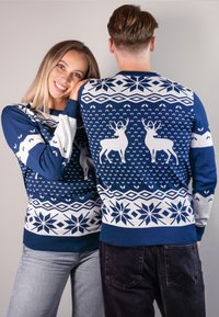 Pullover in Marineblau und Weiß mit Rentier- und Schneeflockenmuster. Strickstoff mit kontrastierenden einfarbigen Ärmeln und geripptem Saum.
