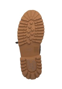Brązowa gumowa podeszwa buta z teksturowanym bieżnikiem i wzorami w kształcie gwiazdy. Posiada okrągłe logo oraz oznaczenia rozmiaru na gładkiej sekcji.