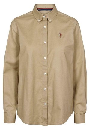 Camicia a maniche lunghe color tan in cotone con colletto button-down, bottoni bianchi e un piccolo design ricamato sul lato sinistro del petto.
