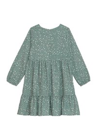 Grünes Blumenkleid mit langen Ärmeln, rundem Ausschnitt, gestuften Rüschensaum und einem dichten, kleinen Blumenmuster auf dem gesamten Stoff.