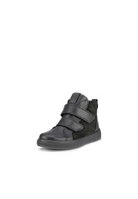 Scarpa alta nera realizzata in pelle e nabuk, dotata di due cinturini regolabili in Velcro, un collo imbottito e una suola in gomma testurizzata.