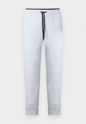 Ανοιχτό γκρι παντελόνι jogger στενής γραμμής με μαύρο κορδόνι και ελαστική μέση, με μανσέτες στους αστραγάλους και πλαϊνές τσέπες.