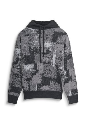 Felpa con cappuccio a maglia grigia e nera con motivo, dotata di lacci, maniche lunghe e polsini e orlo a coste, presentata su uno sfondo bianco.