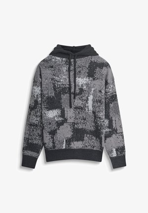Grau und schwarz gemusterter Strick-Hoodie mit Kordelzügen, langen Ärmeln und gerippten Bündchen sowie Saum, auf einem weißen Hintergrund präsentiert.