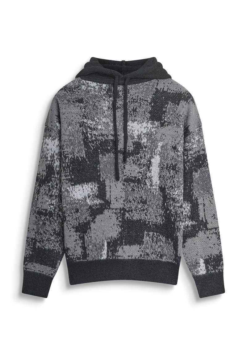 Grijze en zwarte gebreide hoodie met een patroon, voorzien van trekkoorden, lange mouwen en geribde boorden en onderkant, weergegeven op een witte achtergrond.