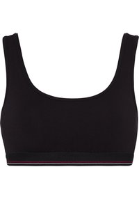 Schwarzer Sport-BH mit breiten Trägern und elastischem Saum mit dünnen roten, weißen und blauen Streifen entlang des unteren Randes.