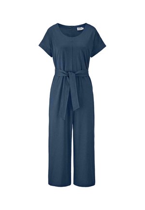 Marineblauer Jumpsuit aus weichem Material, mit kurzen Ärmeln, einem taillierten Bündchen mit Schleife und weitem Bein.