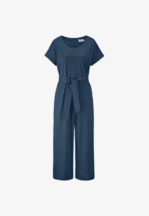 Tuta blu navy realizzata in tessuto morbido, con maniche corte, vita cinchata con un nastro e pantaloni a gamba larga.