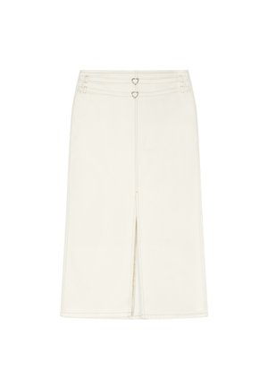 Midi-Rock in Creme mit Frontschlitz, zwei herzförmigen Metallschnallenriemen in der Taille und sichtbaren Nahtdetails.