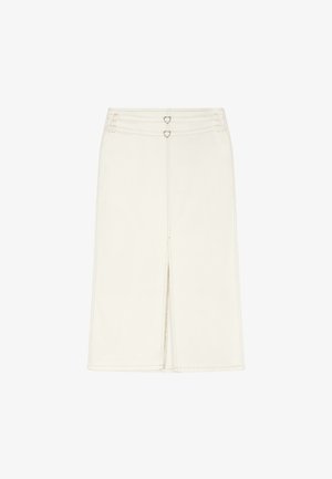 Midi-Rock in Creme mit Frontschlitz, zwei herzförmigen Metallschnallenriemen in der Taille und sichtbaren Nahtdetails.