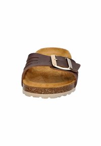 Brown leather slide sandal with a wide strap and metallic buckle. Cork footbed and lightweight white outsole, offering a natural texture.