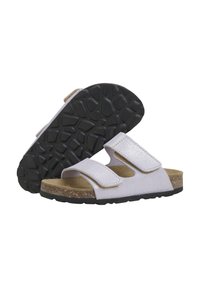 Lichtpaarse sandalen met twee verstelbare klittenbandriemen, een kurkachtige voetbed en een zwart rubberen buitenzool met textuur en grippatronen.