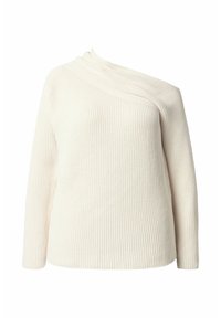 Cremfarbener, gerippter Strickpullover mit asymmetrischem Ausschnitt, langen Ärmeln und strukturiertem Finish, gefertigt aus einem weichen, leichten Material.
