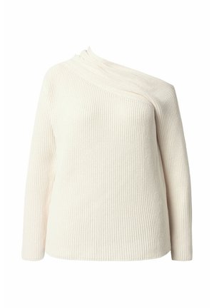 Maglione a coste crema con scollatura asimmetrica, maniche lunghe e finitura testurizzata, realizzato in un materiale morbido e leggero.