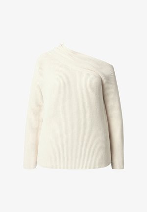 Pull en tricot côtelé crème avec un col asymétrique, des manches longues et une finition texturée, fabriqué dans un matériau doux et léger.