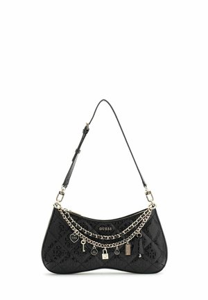 Black quilted Guess handbag with adjustable leather strap, gold chain and charms including heart, key, lock, and logo tags.