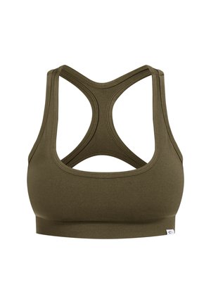 Soutien-gorge de sport vert olive en tissu doux et extensible, avec un design dos nageur et une large bande pour le soutien, sans matériel ni motifs visibles.