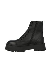 Bottines en cuir noir avec lacets et fermeture éclair, dotées d'une semelle plateforme épaisse et d'une finition texturée. Éléments de design classique dans tout le modèle.