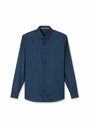 Dunkelblaues Langarmhemd aus einem Stoff mit feiner Struktur. Verfügt über einen Button-Down-Kragen und sechs Knöpfe auf der Vorderseite.