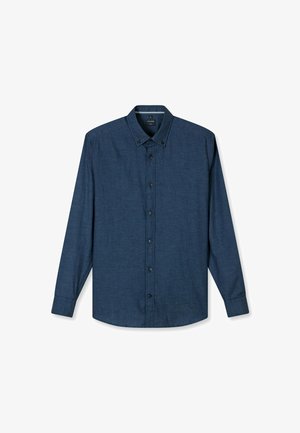 Dunkelblaues Langarmhemd aus einem Stoff mit feiner Struktur. Verfügt über einen Button-Down-Kragen und sechs Knöpfe auf der Vorderseite.