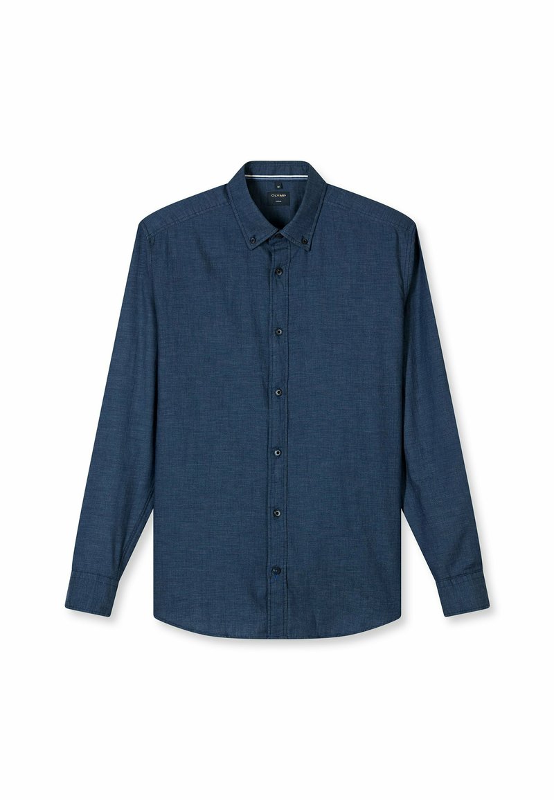 Dunkelblaues Langarmhemd aus einem Stoff mit feiner Struktur. Verfügt über einen Button-Down-Kragen und sechs Knöpfe auf der Vorderseite.