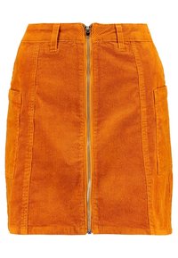 Orange kordfløyelskjørt med en frontglidelås, to sidelommer og en tettsittende design. Stoffet har en ribbet tekstur.