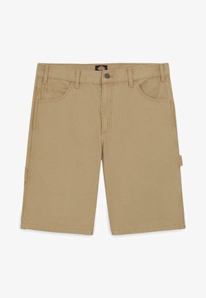 Pantaloni shorts khaki realizzati in un robusto misto cotone, dotati di molteplici tasche, una vestibilità dritta e cuciture rinforzate lungo le cuciture.