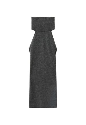 Robe en tricot sans manches gris foncé avec un col roulé plié et un ourlet côtelé ajusté sur fond blanc.