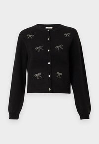 Cardigan negru cu butoane, cu mâneci lungi, având șase mici designuri cu fundițe din strass-uri pe față.