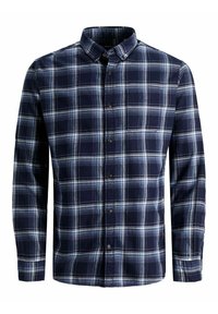 Langärmliges Hemd in Marineblau und Weiß mit Karomuster, Knopfleiste, Brusttasche und knöpfbarem Kragen.