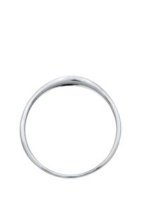 Srebrny metalowy pierścionek o gładkim, zaokrąglonym wzorze, z wypolerowanym wykończeniem i ciągłym okrągłym kształtem. Bez zdobień ani wzorów.