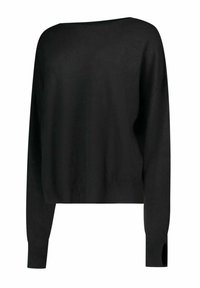 Maglione nero a maniche lunghe in maglia con scollo a barca e aperture per il pollice sui polsini, mostrato su uno sfondo bianco semplice.