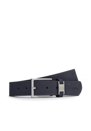 Black leather belt with silver rectangular buckle and metal loop, featuring engraved brand name on the strap end.