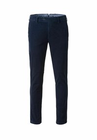 Marineblauwe corduroy broek met rechte snit, voorzien van een knoopsluiting, ceintuurlussen en een subtiele textuur. Geen zichtbare patronen of accenten.